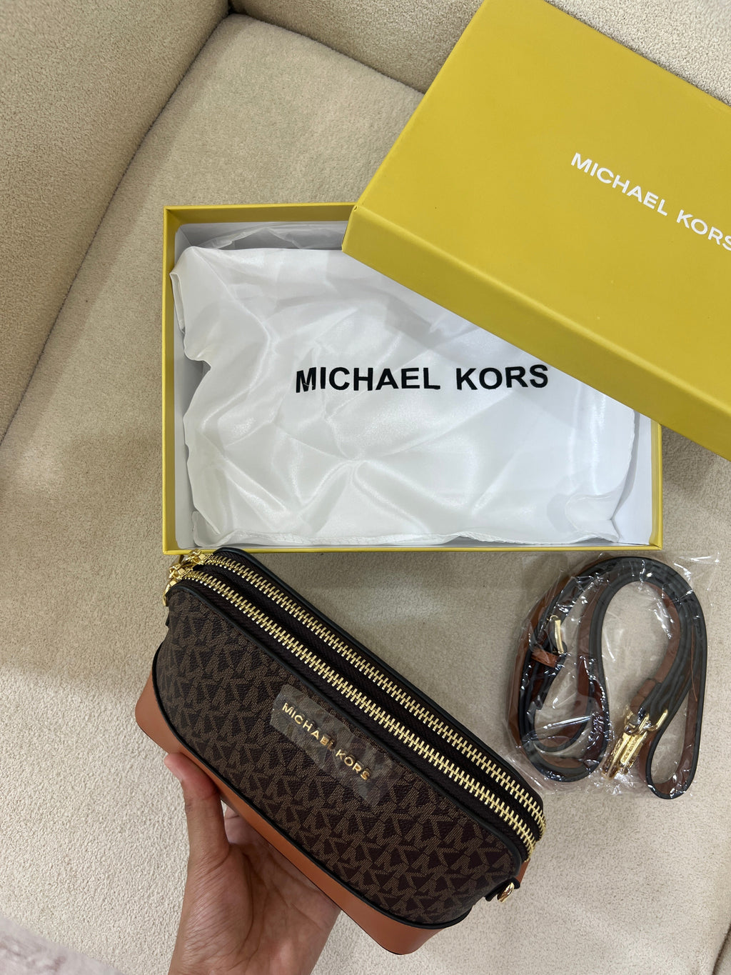 MK Inspired Crossbody Bag / Brown (With Long Strap, Dust Bag & Box)